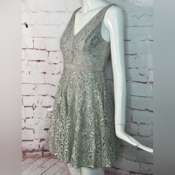 ADRIANNA PAPELL Silver Lace Overlay Fit & Flare Minidress Size 4 PETITE - Picture 4 of 16